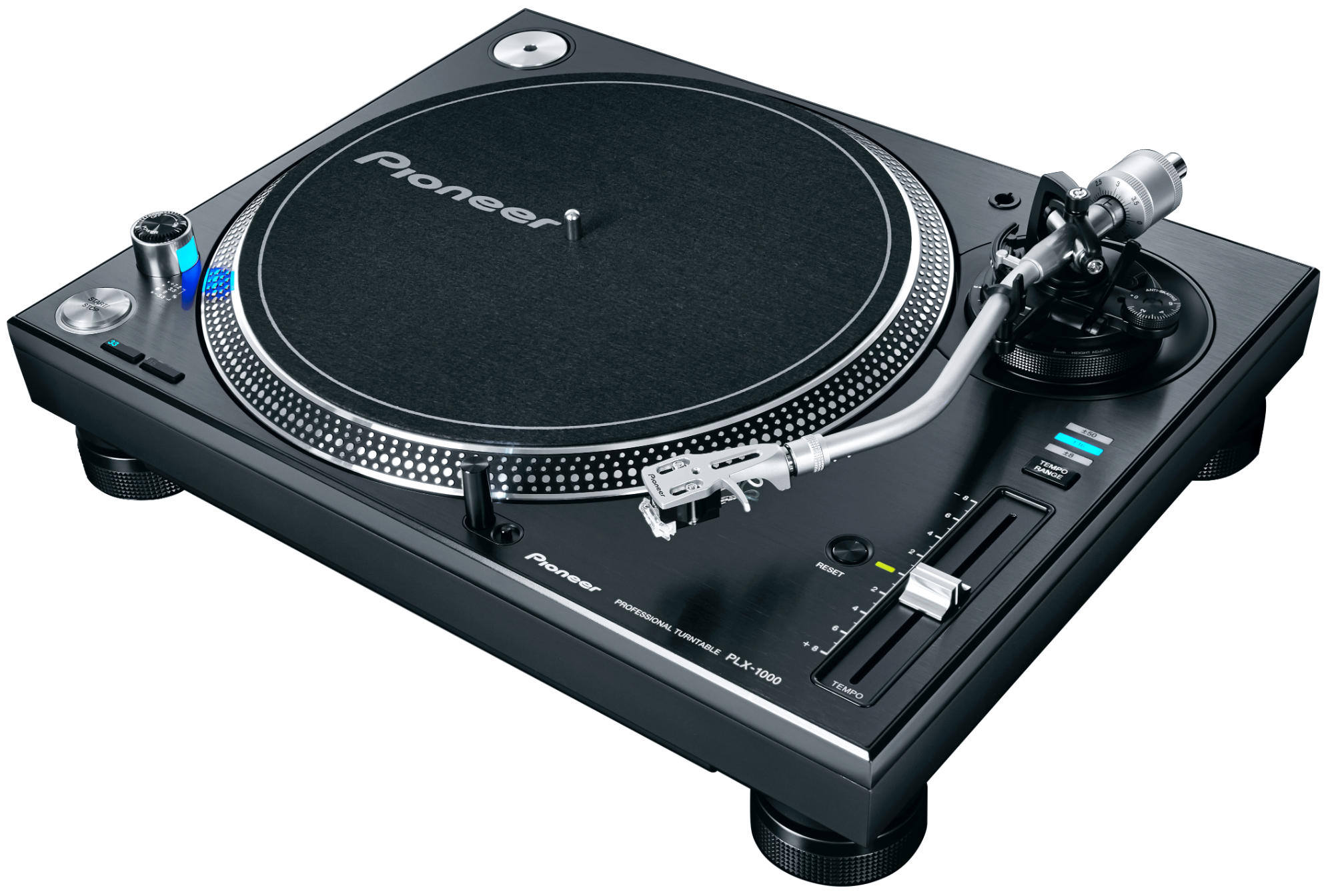 Schwarzer Pioneer PLX-1000 Plattenspieler. Er hat einen silberfarbenen Tonarm und einen schwarzen Plattenteller.