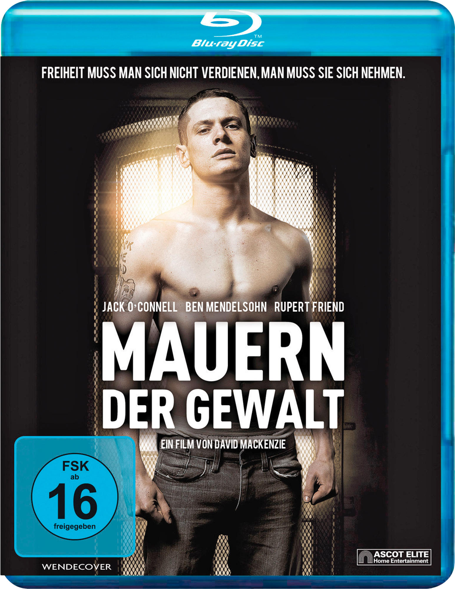 Blu-ray-Cover mit einem Mann ohne Hemd, Text 'Mauern Der Gewalt'.