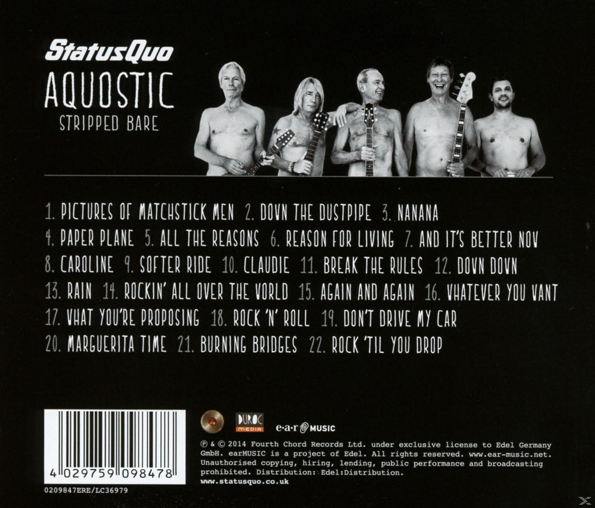 Albumcover: Status Quo. 6 Männer ohne Hemd, Titelliste und Bandlogo.