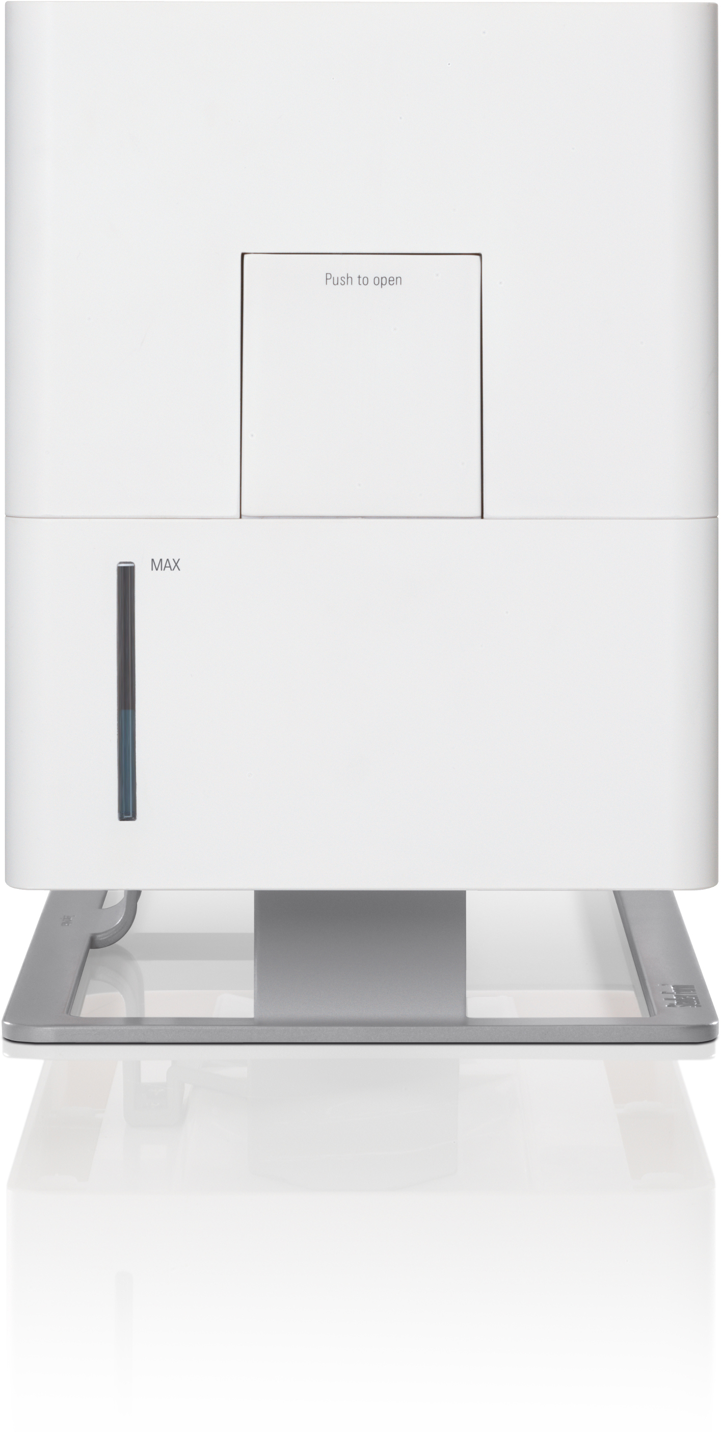 Umidificatore bianco e moderno con base grigia. Dispone di un indicatore del livello dell'acqua.