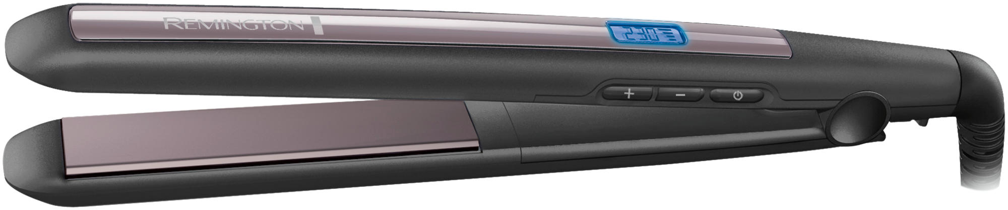 Czarna prostownica do włosów z wyświetlaczem cyfrowym i marką 'Remington'.