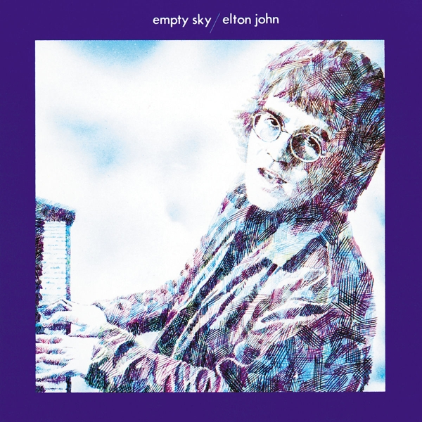 Albumcover mit Elton John, Zeichenstil, Klavierspiel, lila Hintergrund.