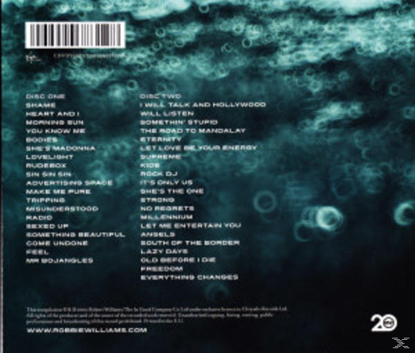 Albumrückseite mit Titelliste, Barcode und Logo auf blauem Hintergrund.