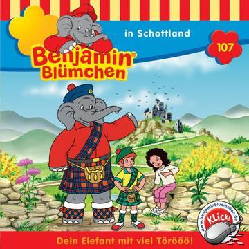 Cover: Benjamin Blümchen in Schottland, mit Kindern, einem Elefanten im Kilt und einer Burg im Hintergrund.