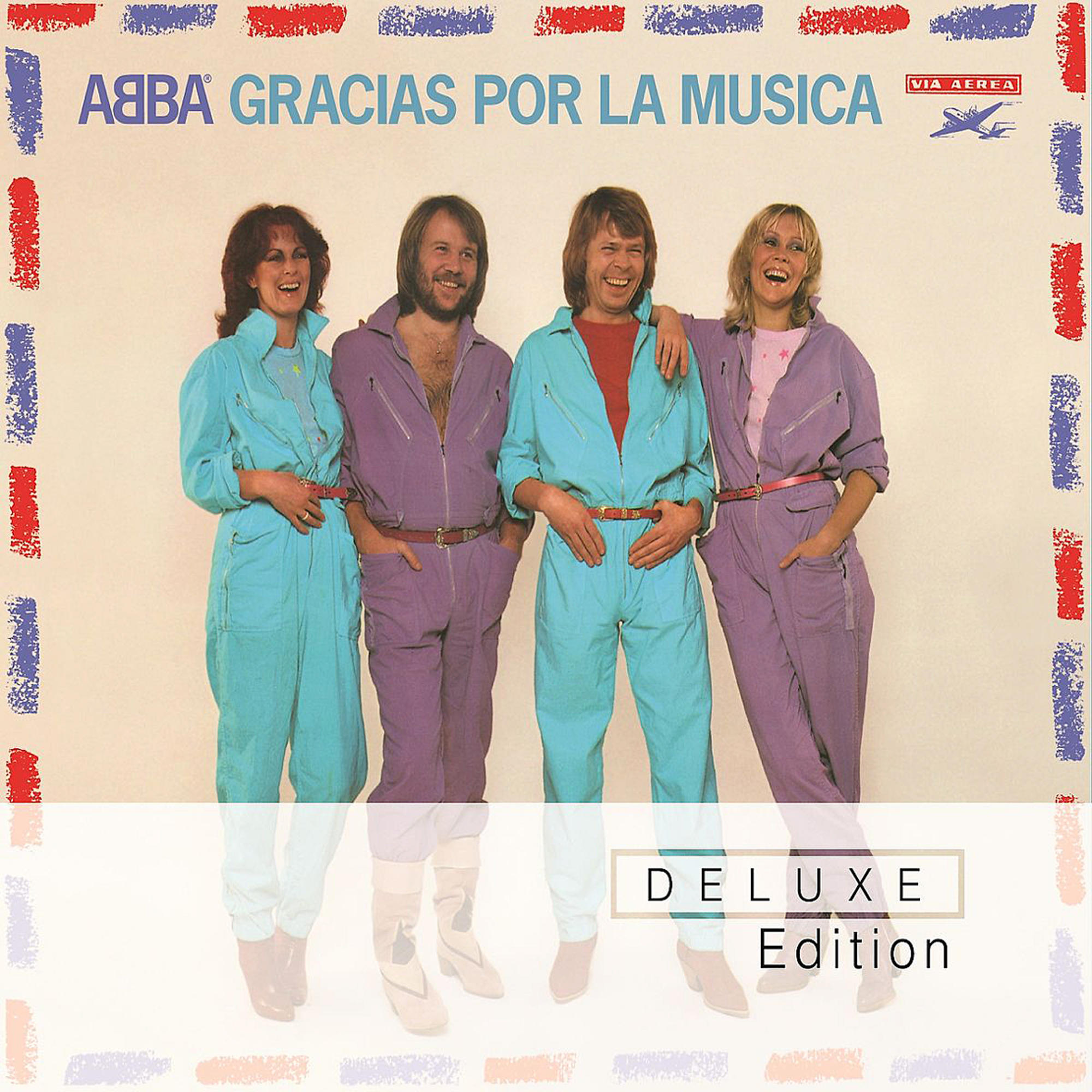 ABBA-Albumcover. Vier Personen in bunten Overalls. Der Titel lautet Gracias Por La Musica. Deluxe-Edition.