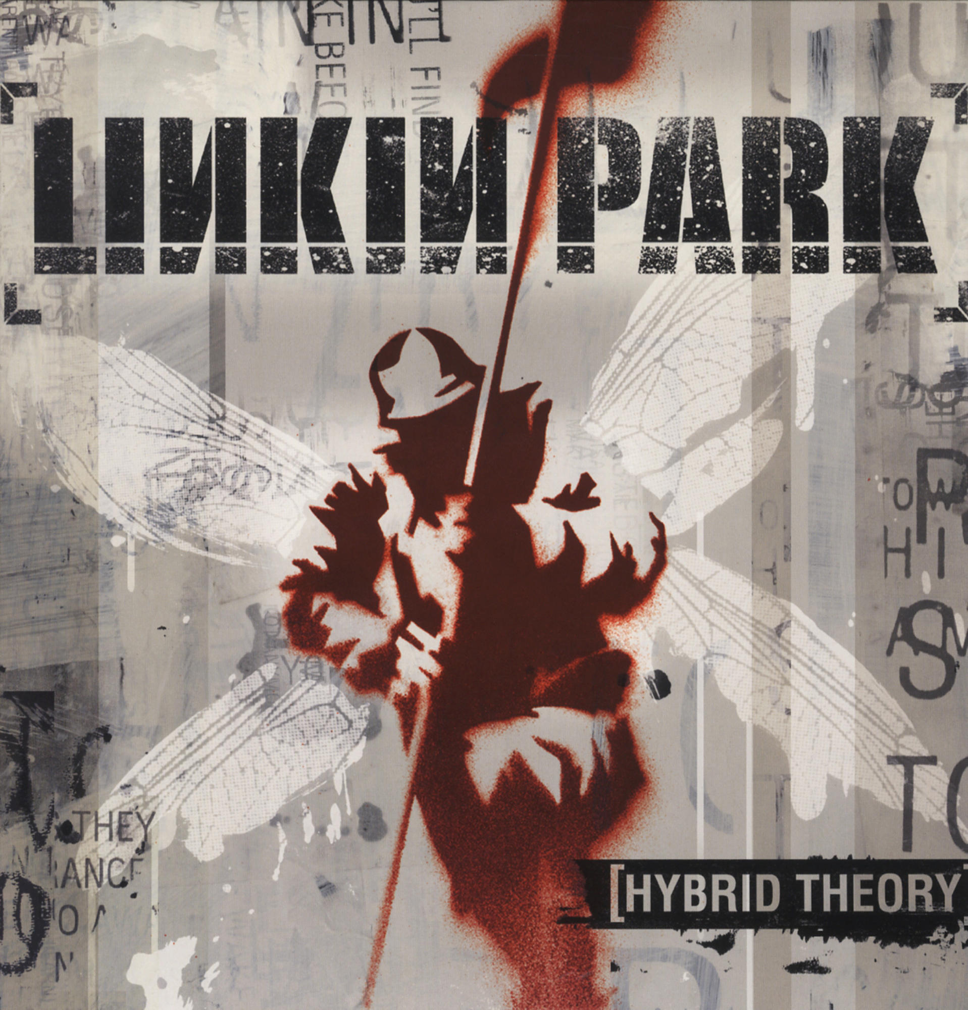 Albumcover für Linkin Parks 'Hybrid Theory' mit einer Illustration eines Soldaten und Engelsflügeln.