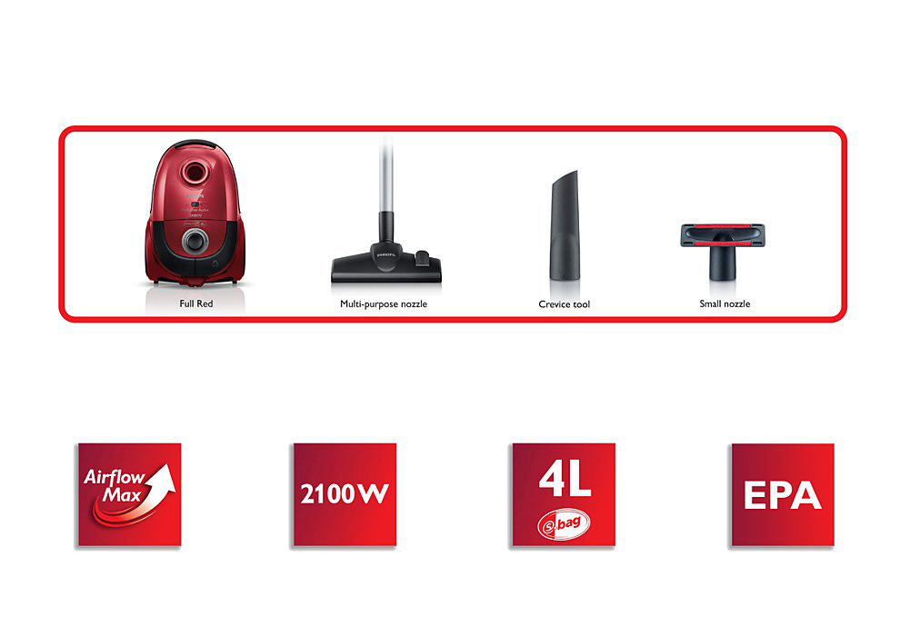 PHILIPS FC8654/01 Performer Active 2100W Toz Torbalı HEPA 10 Yıkanabilir Filtreli Elektrikli Süpürge Kırmızı