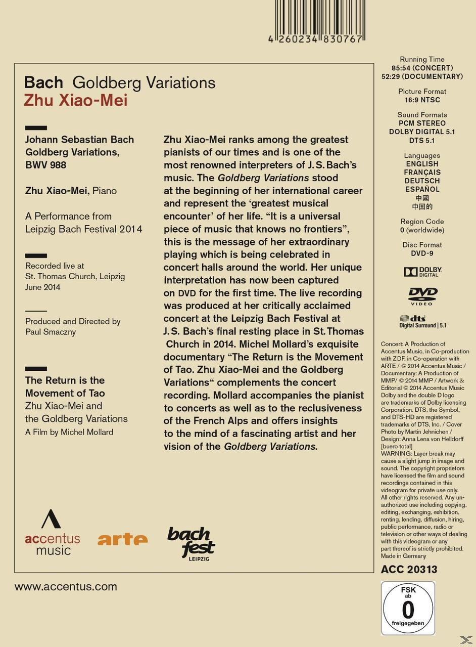 DVD-Cover von Bachs Goldberg-Variationen mit Zhu Xiao-Mei. Text in mehreren Sprachen. Die DVD hat DTS Digital Surround Sound.