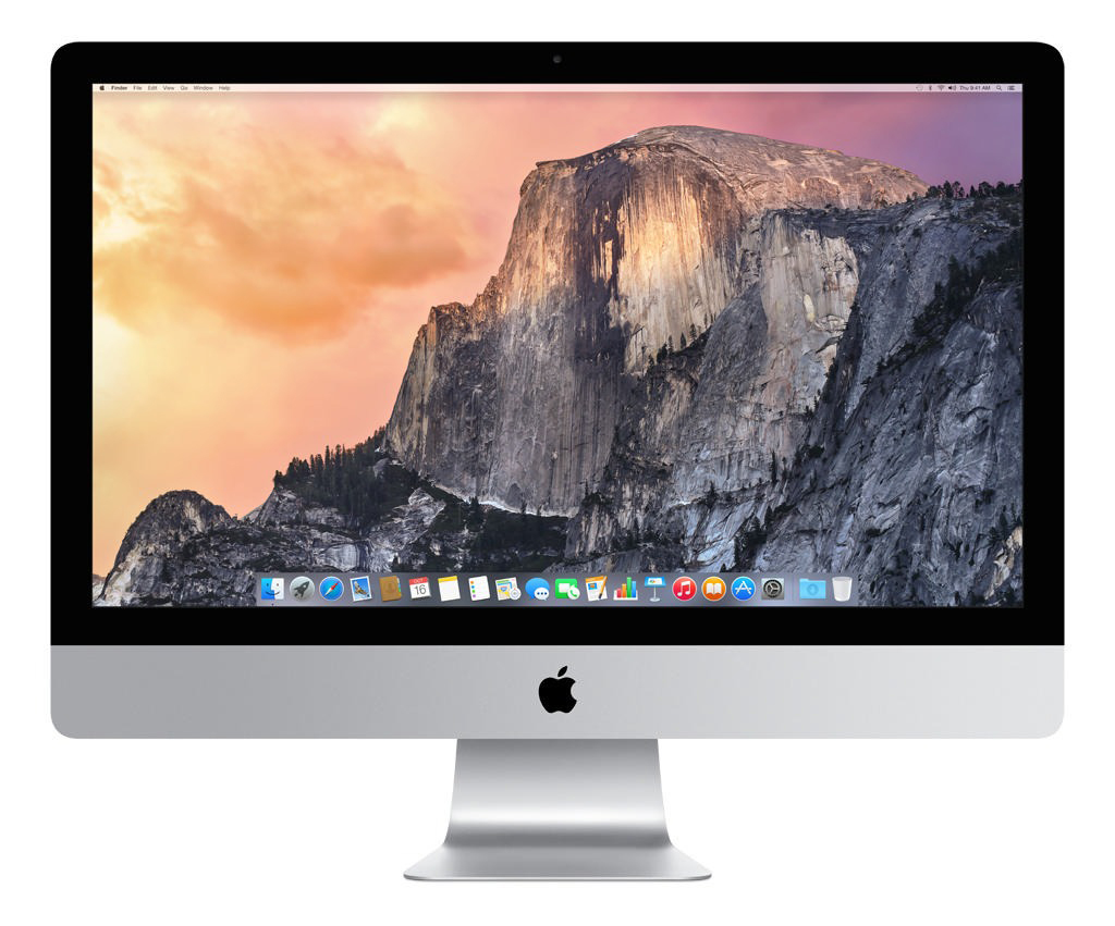 Ein iMac-Computer, silberner Sockel, mit einer malerischen Landschaft auf dem Bildschirm.