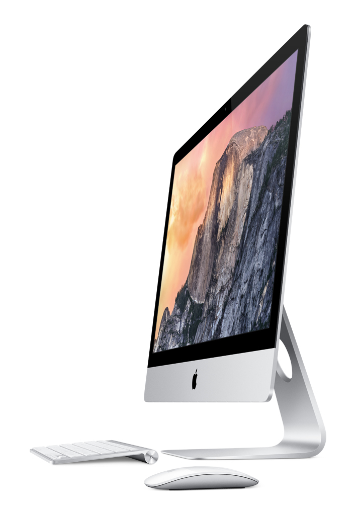 Silberner Apple iMac Computer mit Berglandschaftsbildschirm, Tastatur und Maus.