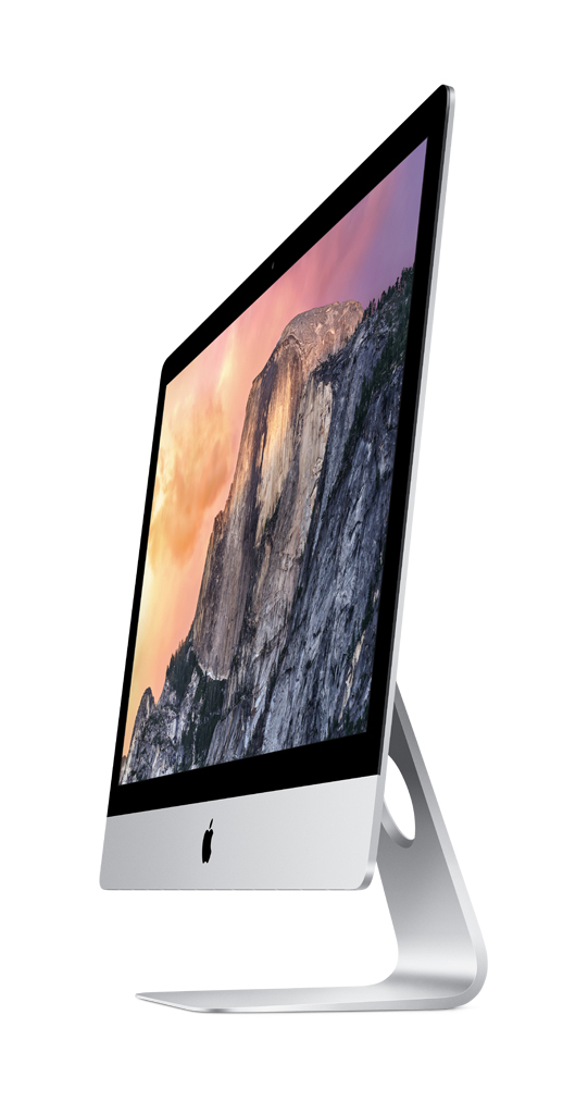 Apple iMac Computer, Seitenansicht. Bildschirm zeigt Berglandschaft mit Sonnenuntergangsfarben. Silberner Fuß.