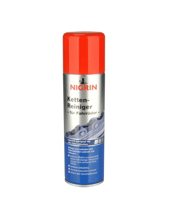 Aerosoldose Kettenreiniger, roter Deckel, silberner Körper, blauer Boden, Marke "NIGRIN".