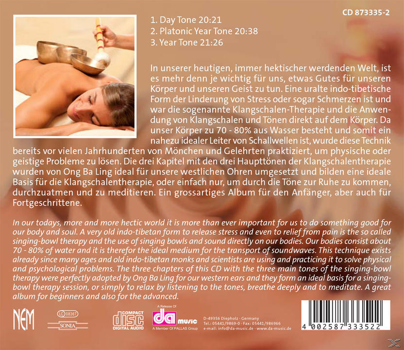 CD-Cover mit deutschem Text. Eine Frau verwendet Klangschalen. Text über die Vorteile ist enthalten.
