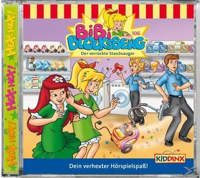 Bibi Blocksberg CD-Cover. Zeichentrickszene in einem Geschäft. Zwei Mädchen, zwei Männer und ein Staubsauger.