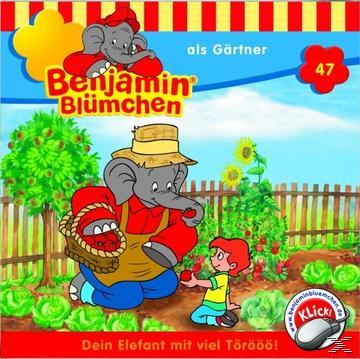 Albumcover: Benjamin Blümchen als Gärtner. Ein Elefant und ein Kind in einem Garten.