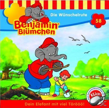Cartoon-Bild eines Elefanten und eines Jungen. Text: „Benjamin Blümchen Die Wunschrute“.