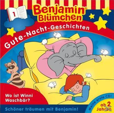 Cartoon-Cover: ein Elefant im Bett, ein schlafendes Kind, ein Waschbär, Schafe und Text 'Benjamin Blümchen'.