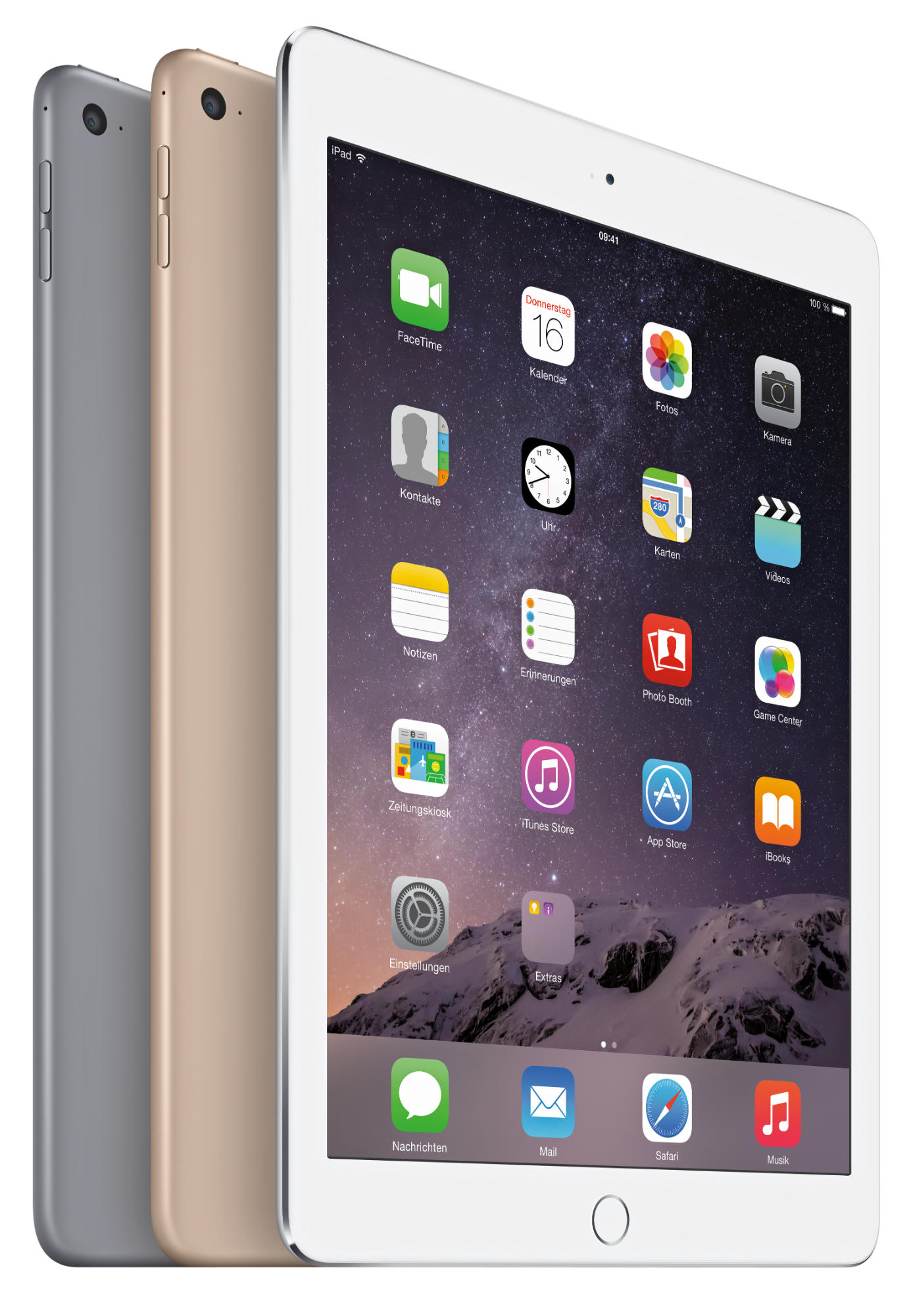 Drei iPads, silber, gold und weiß. Das weiße zeigt Apps auf weißem Hintergrund.