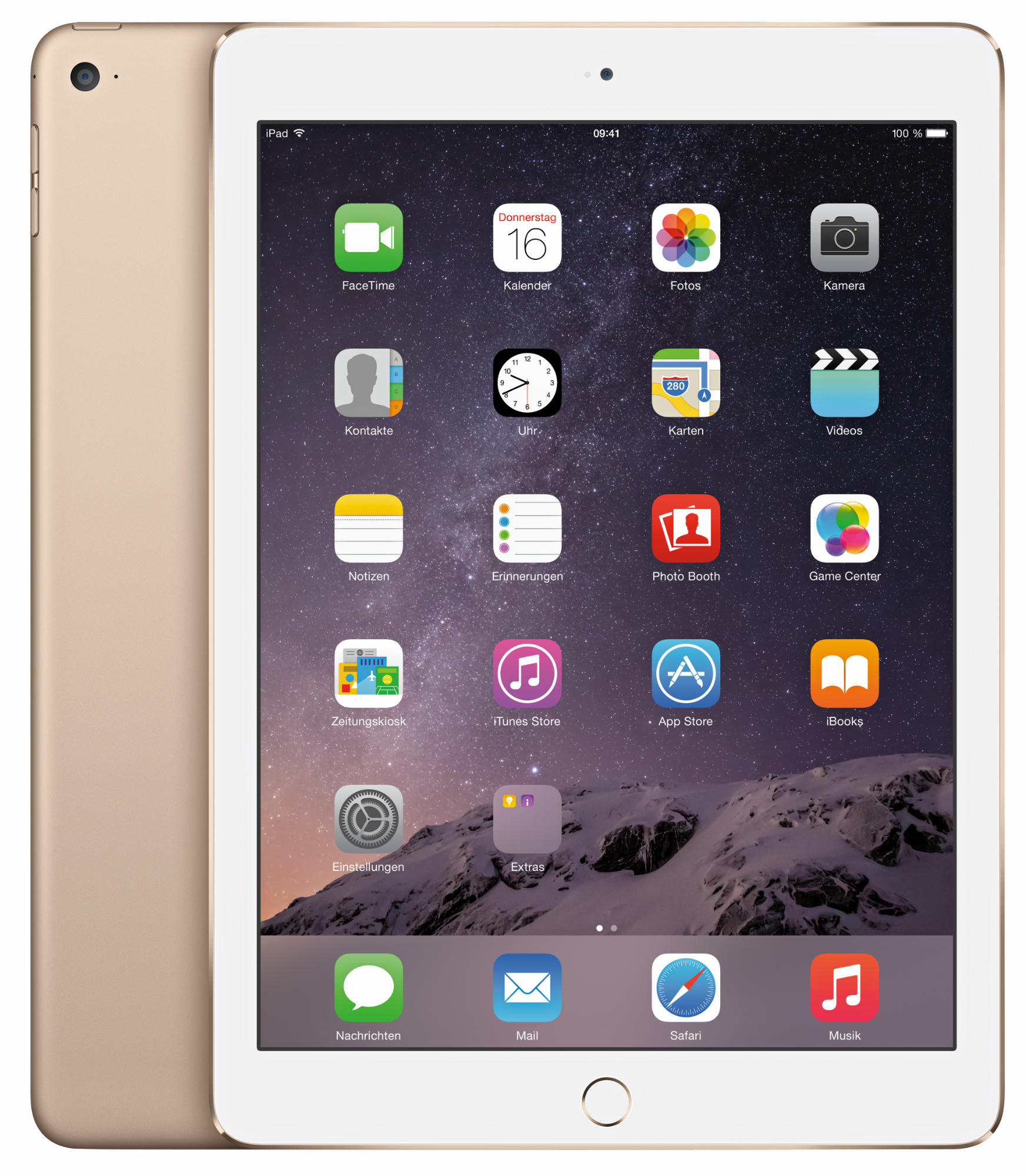 Goldenes iPad, weißer Bildschirm mit App-Symbolen.