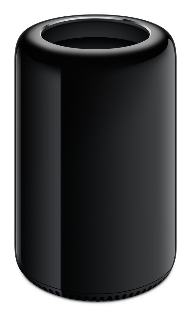 Schwarzer zylindrischer Computer, ein Mac Pro. Glänzendes Finish, mit einer kreisförmigen Öffnung oben.
