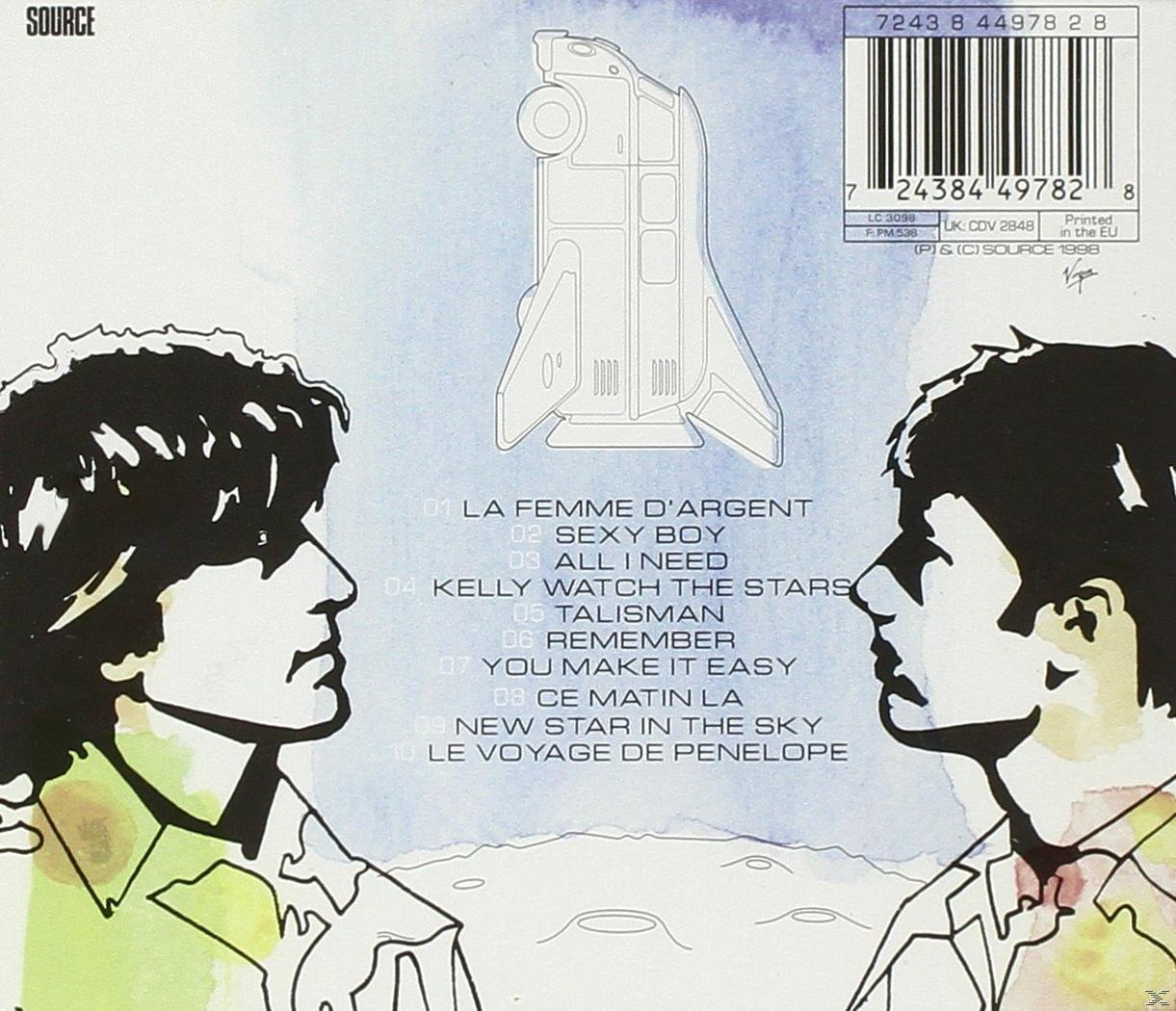 Albumcover mit zwei stilisierten Figuren, die sich gegenüberstehen, Text und ein Space Shuttle.