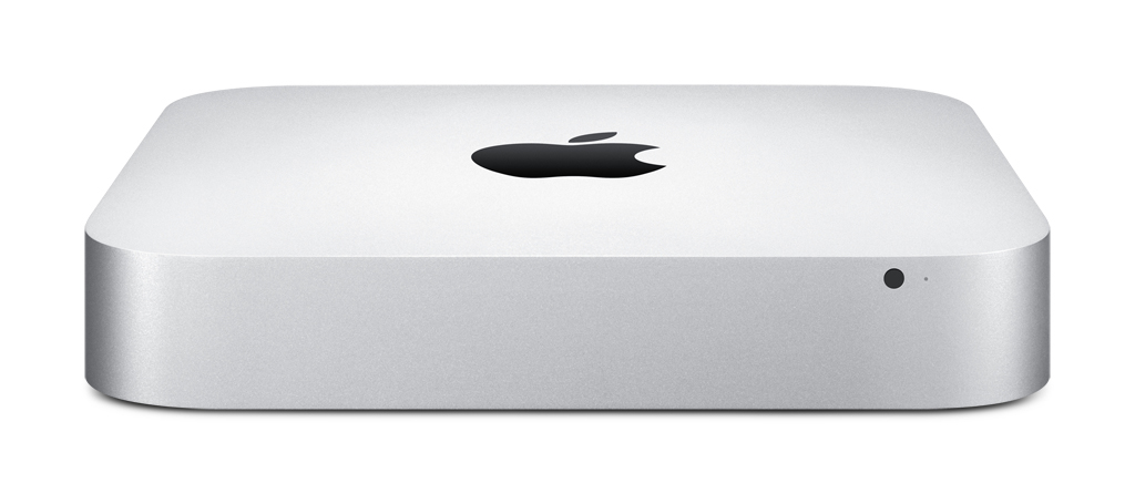 Ein silberner Apple Mac Mini auf weißem Hintergrund. Das Apple-Logo befindet sich oben.