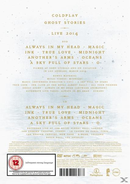 DVD-Cover: Coldplay - Ghost Stories Live 2014. Text listet Songs und Aufnahmedetails auf.