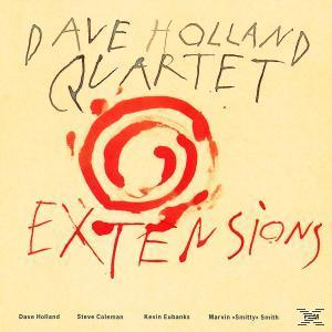 Album borítója egy piros körrel, benne egy piros örvénnyel. A szöveg: DAVE HOLLAND QUARTET EXTENSIONS.