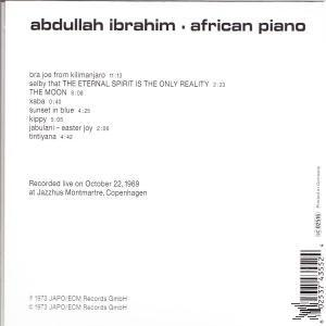 Album-Rückseite mit Titelliste für 'African Piano' von Abdullah Ibrahim. Text auf weißem Hintergrund.