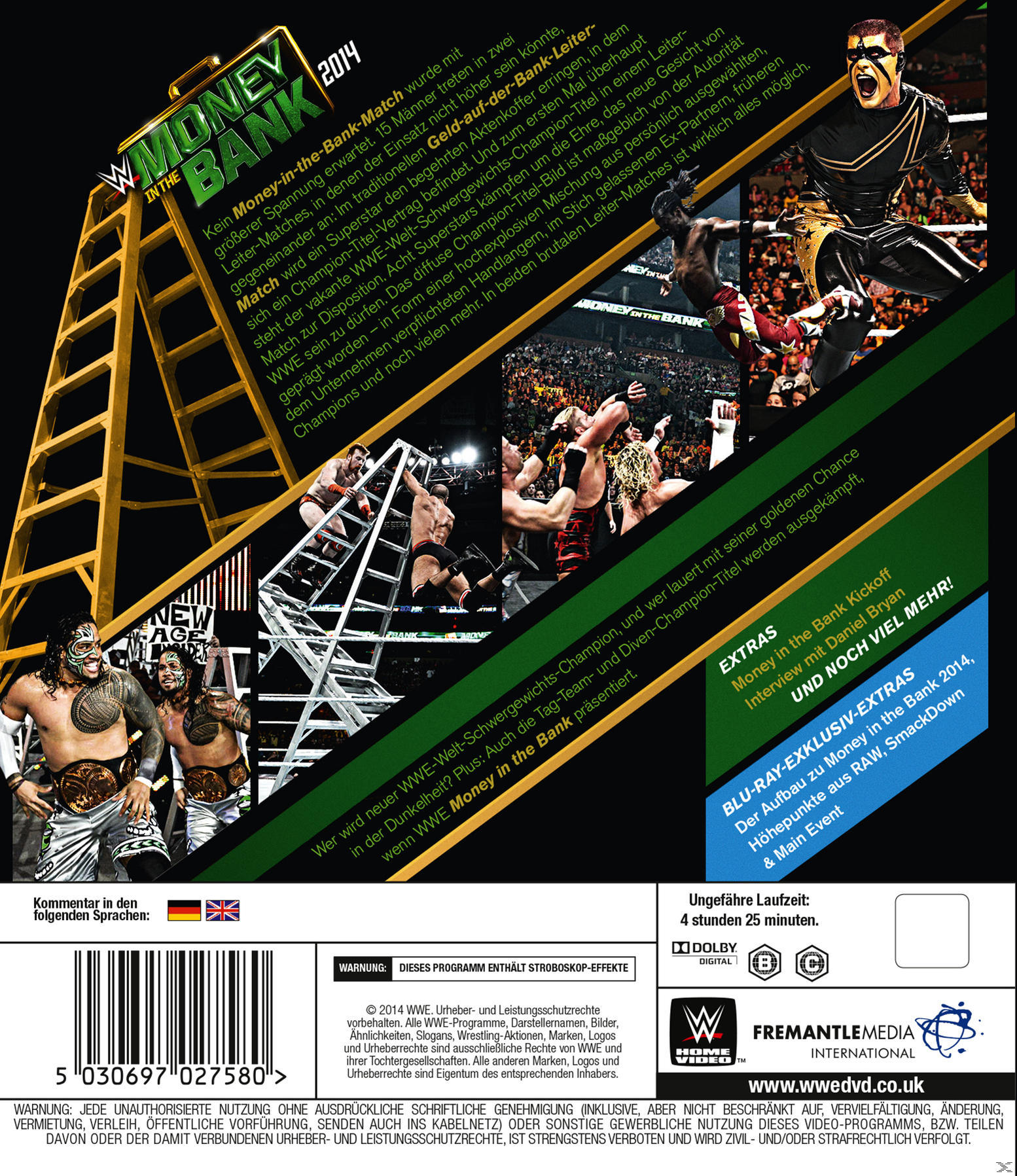 Rückseite einer WWE DVD mit einer Wrestling-Szene und Text in mehreren Sprachen, und ein 