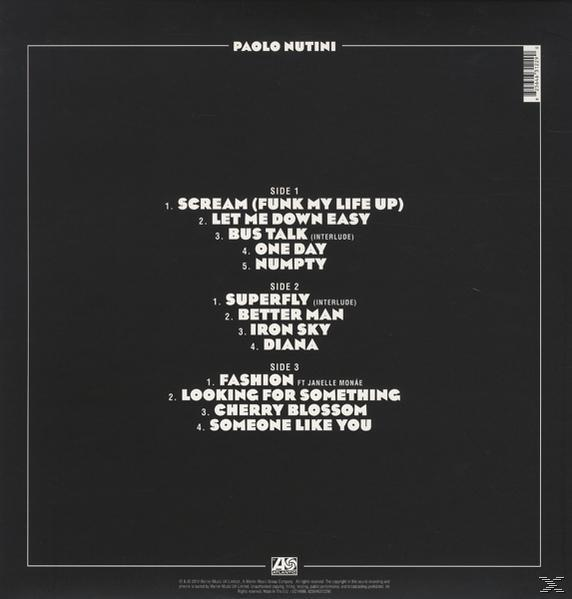 CD-Cover: Paolo Nutini Album-Trackliste. Schwarzer Hintergrund, weißer Text. Titelliste.