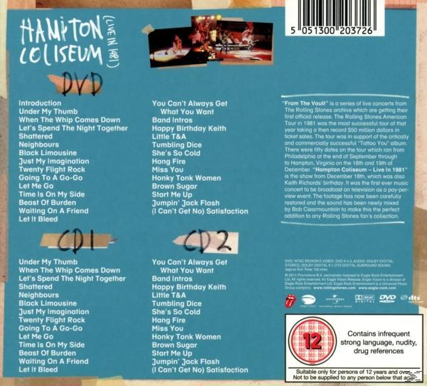 DVD-Cover mit Titellisten und Bildern von einem Rolling Stones Konzert, mit Text und Logos.