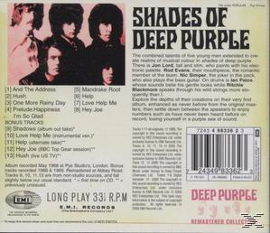 CD-Cover für 'Shades of Deep Purple'. Enthält ein Bandfoto und die Titelliste mit Text.