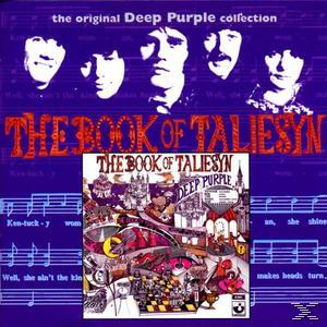 Albumcover mit Gesichtern der Deep Purple Bandmitglieder und 'Book of Taliesyn' auf lila Grund.