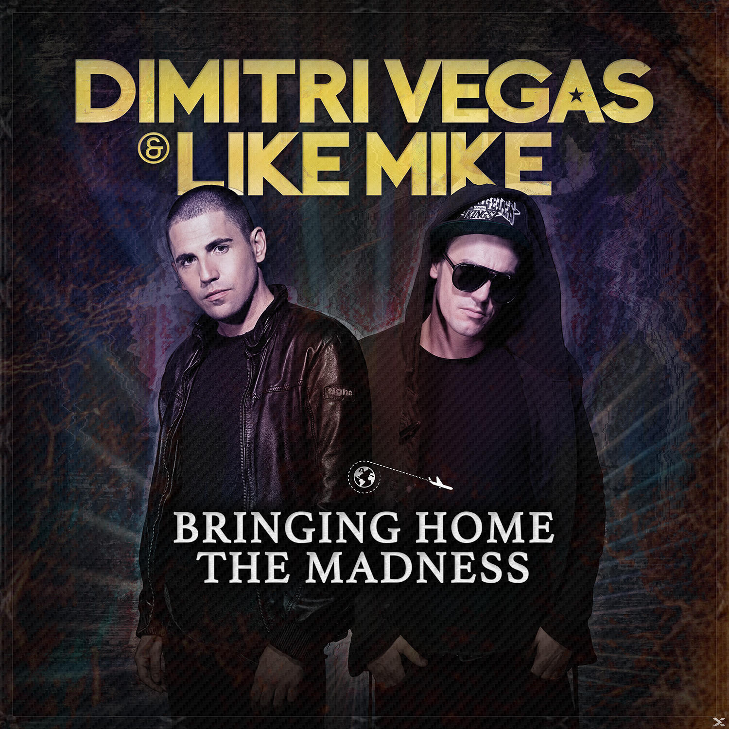 Deux hommes, un logo, texte : Dimitri Vegas & Like Mike, Bringing Home The Madness. Fond sombre, un homme en veste en cuir.