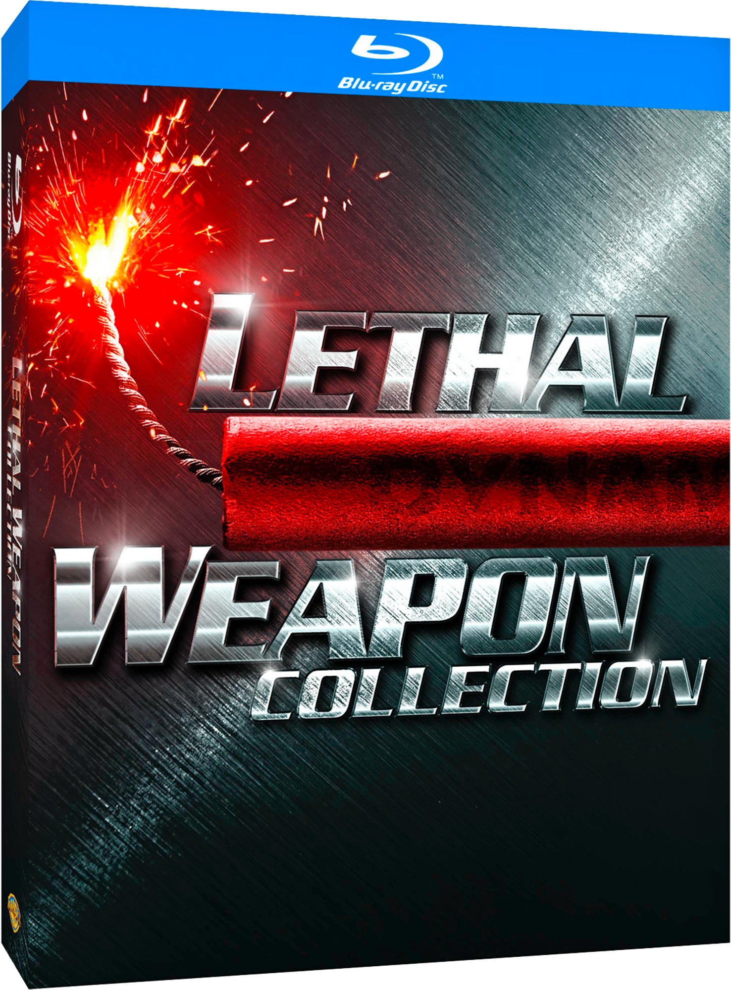 Blu-ray-Box mit dem Titel 'Lethal Weapon Collection'. Ein roter Dynamit-Stab ist vorhanden. Blauer Hintergrund.