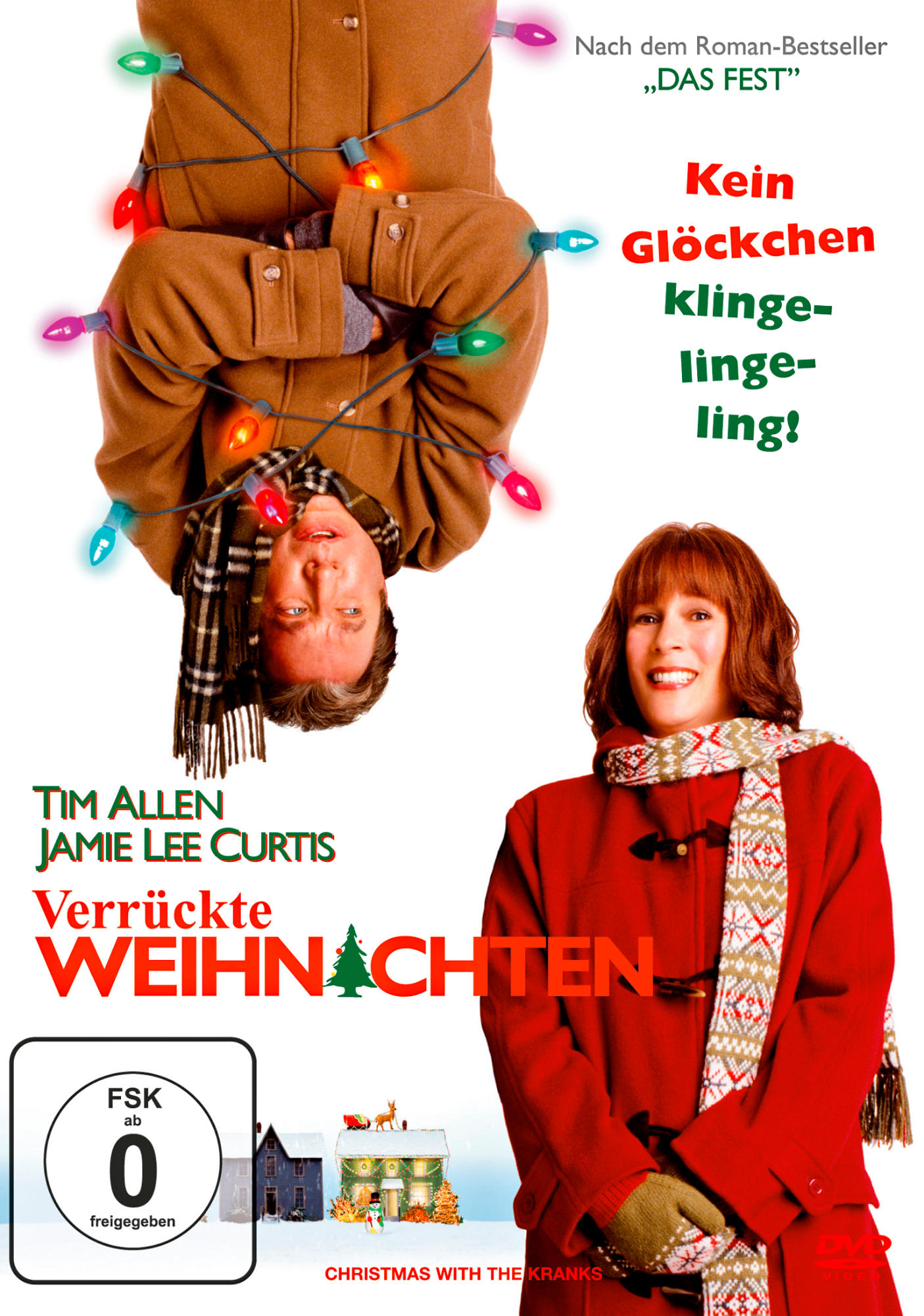 Film-DVD-Cover mit zwei Personen, eine kopfüber. Weihnachtsbeleuchtung und Text. Weißer HG.