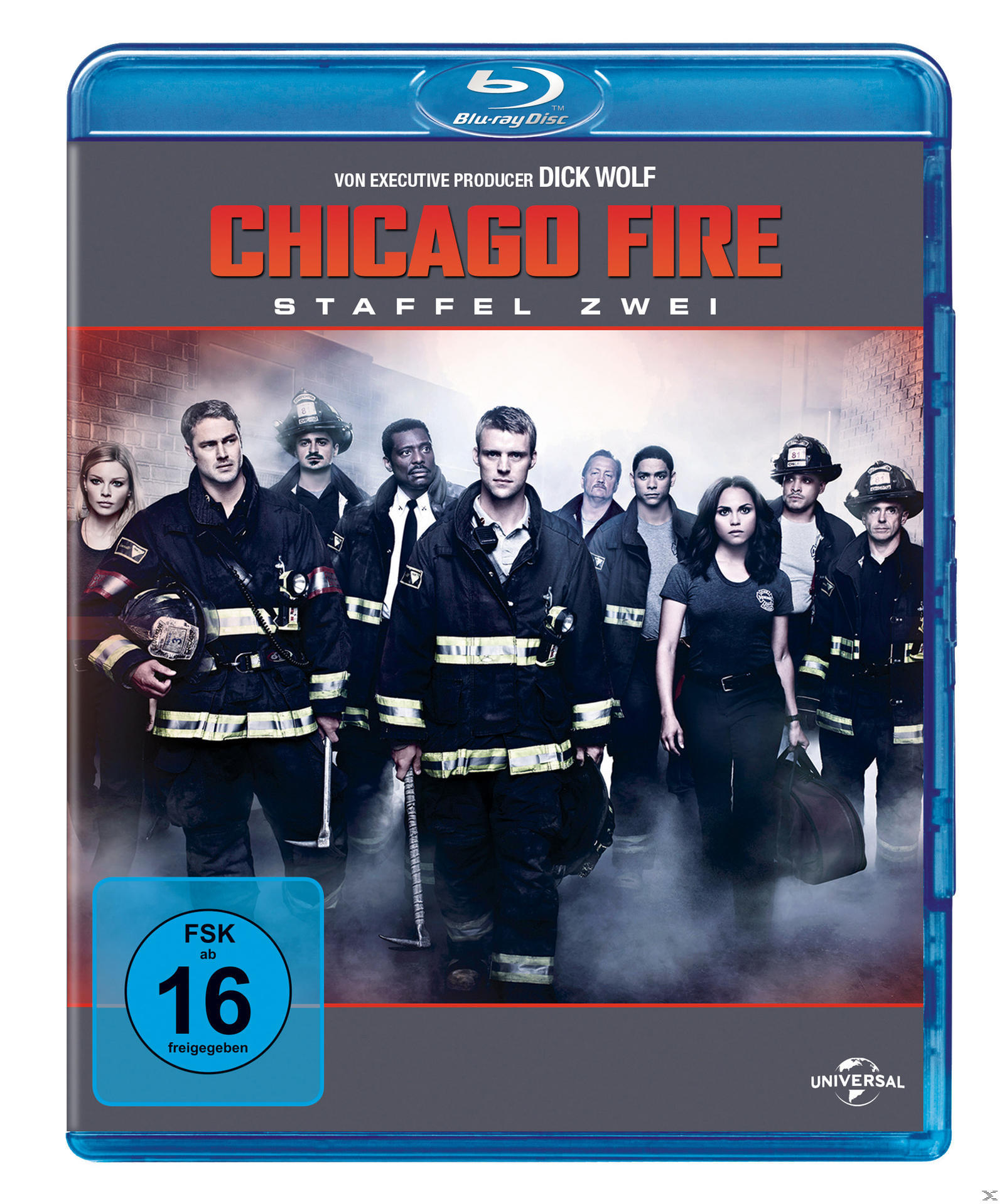Filmcover. Eine Gruppe von Feuerwehrleuten. Der Titel ist Chicago Fire. Der Hintergrund ist rauchig.