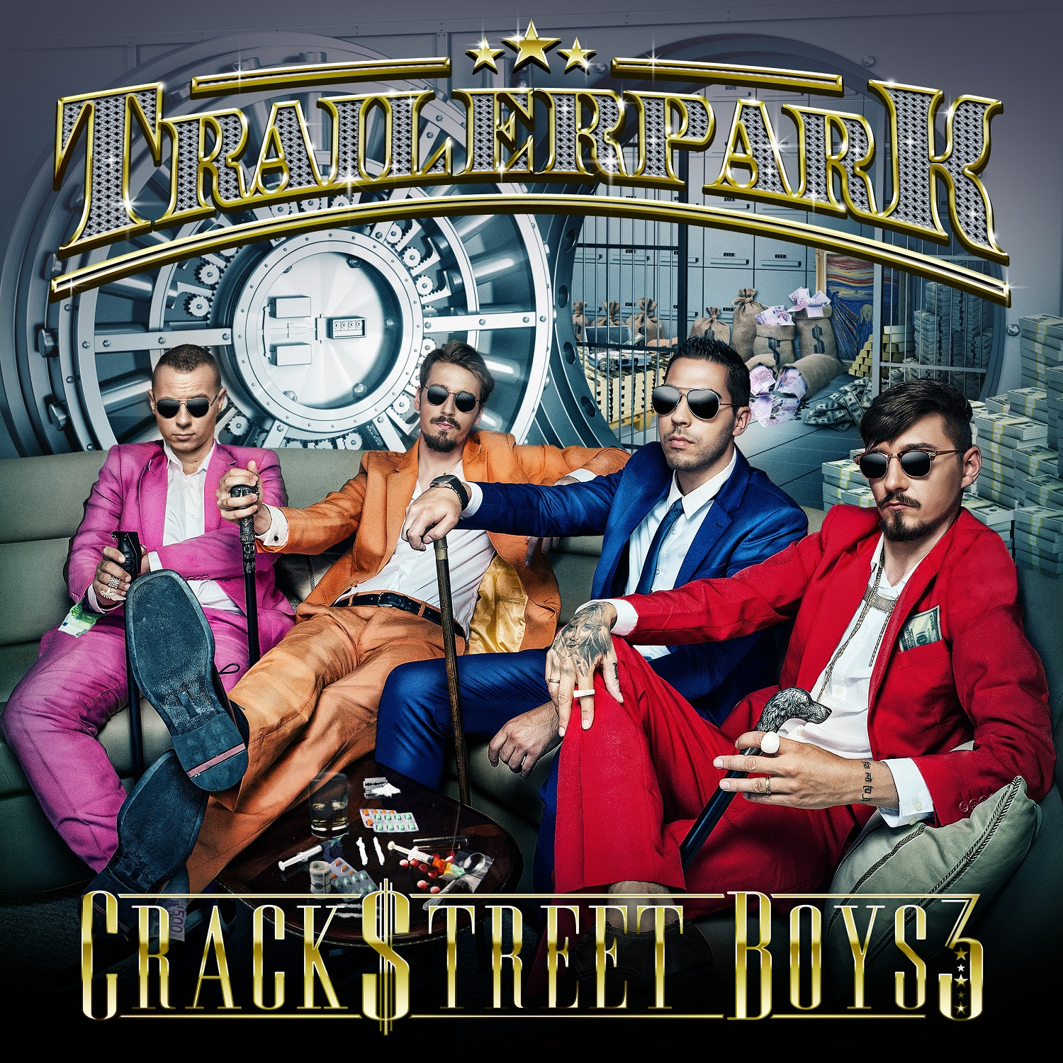 Albumcover einer Gruppe von vier Männern in bunten Anzügen. Text: 'Trailerpark'.
