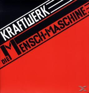 Albumcover für Kraftwerks Die Mensch-Maschine. Rotes und schwarzes geometrisches Design.