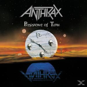 Albumcover von Anthrax - Persistence of Time. Zeigt eine Uhr mit Totenköpfen.