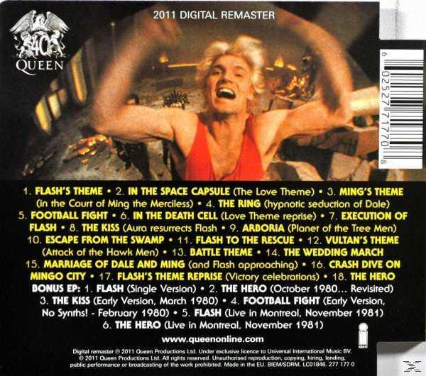 Queen Album-Rückseite. Enthält ein Foto eines Mannes, Titelliste und Albumdetails. Lebendige Farben.