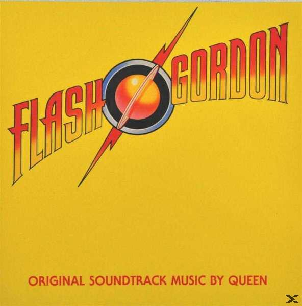 Flash Gordon Albumcover. Gelber Hintergrund mit Filmtitel und zentralem Emblem.