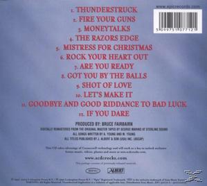 Rückseite eines Albums mit einer Liste von Liedern in Rot und Weiß, darunter 'Thunderstruck' und 'Fire Your Guns'.