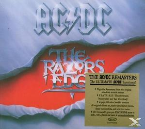 Albumcover mit AC/DC-Logo und Titel 'The Razors Edge', mit gelbem Aufkleber.