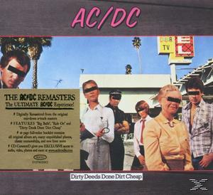 AC/DC Dirty Deeds Albumcover. Menschen mit schwarzen Balken über den Augen stehen vor einem Gebäude.