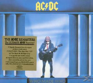 AC/DC-Albumcover. Ein Mann mit Gitarre steht zwischen Säulen. Der Albumtitel lautet 'Who Made Who'.