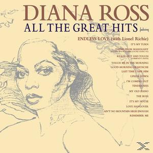 Albumcover mit dem Text 'Diana Ross All The Great Hits'. Das Gesicht einer Frau ist sichtbar.