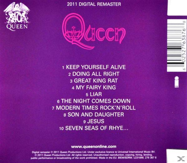 Dos de l'album avec listes des titres et le logo de Queen. Fond violet.