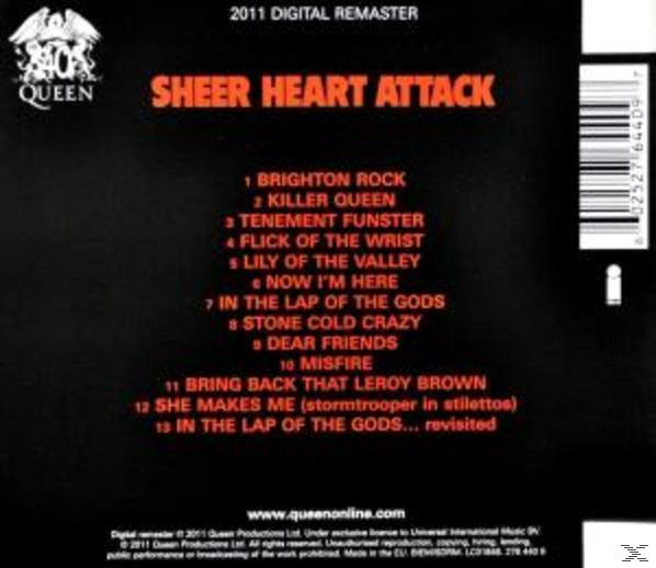 Pochette d'album. Texte : Queen, Sheer Heart Attack. Liste des titres sur fond noir.